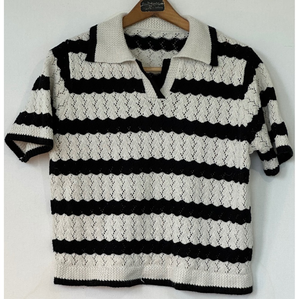 Cider Pointelle Knit Polo Striped Sweater Retro Womens L Black Capsule